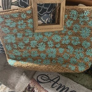 Handwoven Turquoise Floral Jute Tote Bag